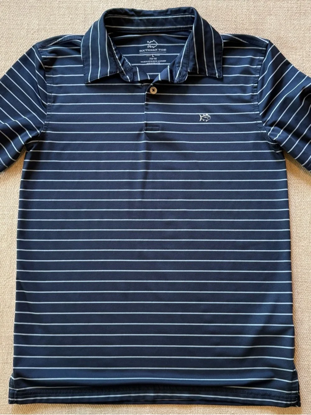 Southern Tide Boys Striped Polo Shirt Size L (12-14) Navy Blue Performance Shirt